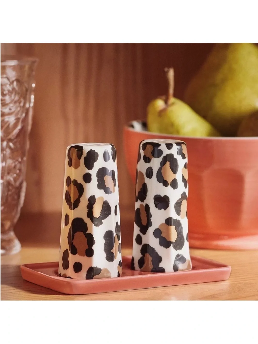 ANTHROPOLOGIE Leopard Stoneware Salt and Pepper With Tray Set